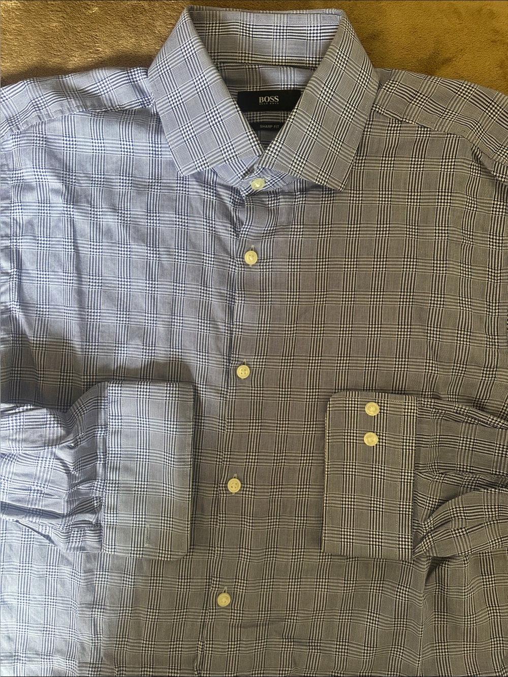 BOSS Sharp Fit Glen Plaid Check Blue White Pattern Men’s Dress Shirt Size 16-34